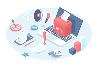 Online voting, election internet service, online choice. Ballot box with blank on laptop screen. Voting ballot on the phone screen. Vector illustration in 3d design. Isometric web banner.