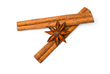cinnamon stick and star anise spice isolated on white background with clipping path.