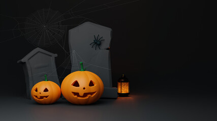 Halloween. Pumpkins with lanterns, graves, spiders on a dark background. 3d illustration
