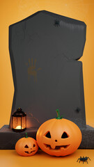 Halloween. Pumpkins on the background of the grave, with spiders and cobwebs, vertical format. 3d illustration