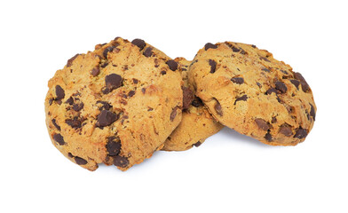 Chocolate chip cookies isolated on white background with clipping path. Homemade pastry. Sweet biscuits.
