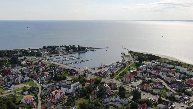 Flying over the port in Jastarnia on Hel peninsula at the Baltic Sea in Poland