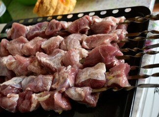 Raw pork meat on a barbecue skewer