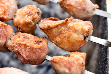 Delicious barbecue of hot pork on a spit