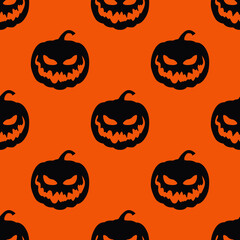 Black pumpkins wallpaper. Vector repeated lanterns. Seamless repeated scary pumpkins.