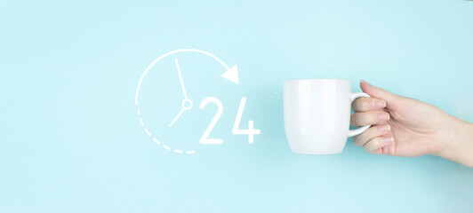 Full time service concept. Girl hand hold morning coffee cup with sign 24 7 all day all night Icon on blue background.