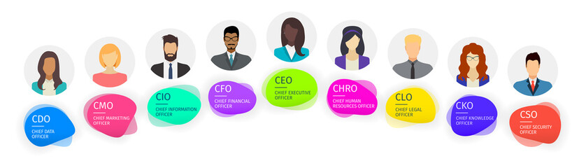 Business hierarchy infographics. Corporate organizational structure elements. Company posts with human silhouettes, vector banners in liquid blob style in bright glowing colors design - obrazy, fototapety, plakaty