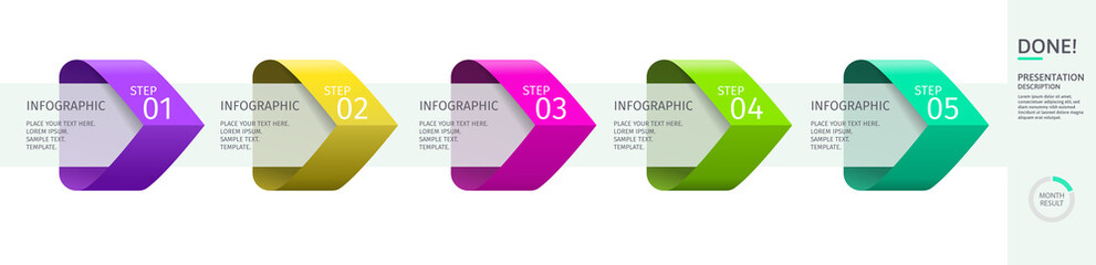 Infographic arrows with 5 step up options and elements. Vector template in flat design style