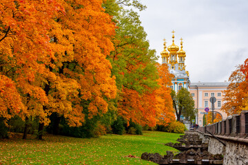 Resurrection church of Catherine palace in autumn, Tsarskoe Selo (Pushkin), St. Petersburg, Russia