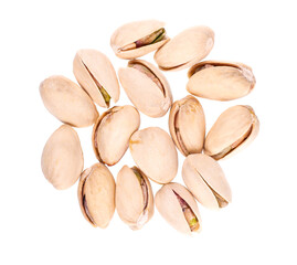 Pistachio nuts, isolated on white background. Salted roasted pistachios. Top view.