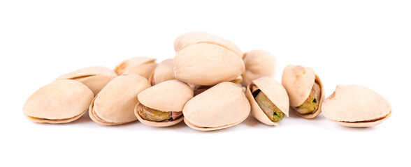 Pistachio nuts, isolated on white background. Salted roasted pistachios.