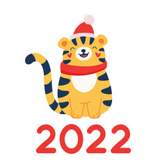 Cartoon tiger, the symbol of the year. Happy New Year 2022. Vector isolated illustration on white background.