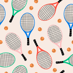 Colorful Tennis rackets and balls. Sport equipment, fitness concept. Hand drawn modern Vector illustration. Cartoon style. Square seamless Pattern, wallpaper. Textile, wrapping paper, print template - 459766129