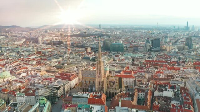 Vienna aerial birds view, venice austria skyline in 4k. Church stephands dome cathedral old town.