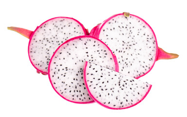 Dragon fruit isolated on white background. Slice of fresh Pitaya or Pitahaya fruit with clipping path.