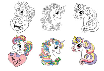 Set of three cartoon unicorns heads coloring book pages