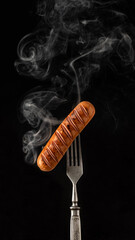 fried sausage on a fork on a black background with smo
