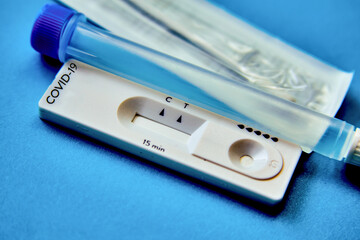 Fast and simple Self-Test the COVID-19 Antigen provides results in 15 minutes at home. using a nasal swab. on blue background