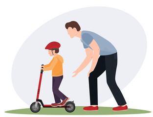Father (man) teaches boy (son) in the helmet to ride a scooter, sport life concept, family concept, flat vector illustration