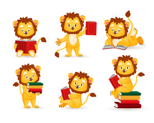 A little lion is reading a book, a set of animal figurines in a cartoon style. Vector