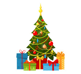Christmas tree decorated with a garland, decorative balls, beads and lamps. gift boxes. Vector flat style illustration