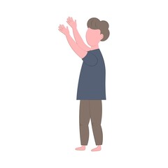 child is isolated on a white background with hands up. One boy.