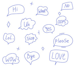 Handwritten words in the clouds. Phrases: love, lol, no, hi. A set of hand-drawn phrases