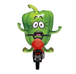 Green pepper rides a bike. Afraid of the bike. Fun activities. Photo manipulation. Cartoon fresh green pea pod character mascot smiling.