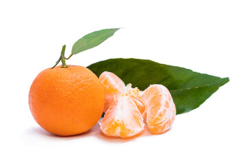 mandarin orange with green leaf isolated on white