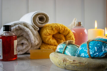 Obraz na płótnie Canvas towels pumice, natural soap dry powder for making face masks, home spa