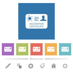 Vaccination certificate flat white icons in square backgrounds