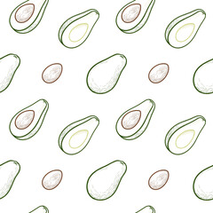 Avocado, seamless vector pattern. Whole avocado, cut in half avocado. Vector illustration, isolated on a white background.