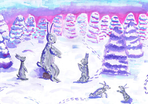 Illustration for the tale of D.N. Mamin-Sibiryak "The Tale of a Brave Hare." Children's drawing