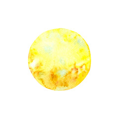 Abstract circle in yellow color with a texture, reminiscent of the full moon. Watercolor illustration on a white background.