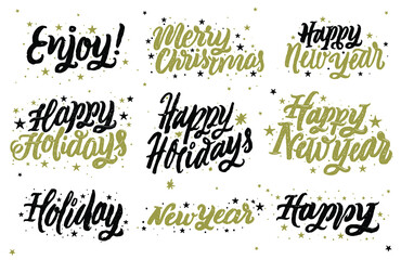 'Happy Holidays', 'Merry Christmas' Vector typography. Lettering Calligraphy Collections. Hand Drawn Typography Headlines Set for Greeting Cards, Print, Posters. Vector illustrations.	
