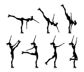 Beautiful girl with ice figure skate shoes black silhouette on white background isolated icon set collection. Alpha channel. Vector illustration.