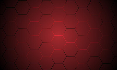 Dark red hexagonal technology vector abstract background. Red bright energy flashes under hexagon in modern technology futuristic background vector illustration. Dark honeycomb texture grid.