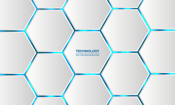 White 3d hexagonal technology vector abstract background. Blue bright energy flashes under hexagon in modern technology futuristic background vector illustration. White honeycomb texture grid.