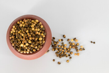 Selective focused Indian health snack roasted chickpeas with salt on an isolated white background. Cooked without oil and very healthy daily snacks, Tamilnadu, Mumbai, Delhi, Kerala.
