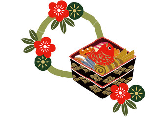 正月素材。お節料理のイラスト。正月料理。日本のお正月。