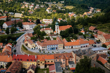 Vranov nad dyji, Southern Moravia, Czech Republic, 03 July 2021:  medieval town on river bank, Narrow picturesque street with gothic, renaissance and baroque historical buildings at summer sunny day