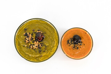 Fresh made Kaara chutney and Pudina Chutney , spicy red chutney, which is served with Indian breakfast idli and dosa. Prepared with  Coriander, Mint leaf - Pudina , Red chili ,tomato