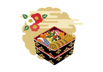 正月素材。お節料理のイラスト。正月料理。日本のお正月。