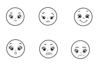 Set of rating emotion faces. White background. Emoticon cartoon emojis : Calm, sad, cheerful, irritated, resentful, agitated. Vector illustration.