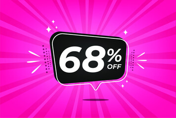 68 percent discount. Pink banner with floating balloon for promotions and offers.