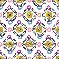 Floral vector geometrical seamless pattern. Hand drawn ink brush stroke chamomile flower, decorative circles in pastel color palette