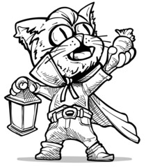 Cartoon funny spooky vampire cat in cape with canines holding carrot and lamp. Halloween vector black and white sketch.