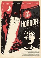 Horror movies poster template with young victim girl and bloody killers knife blade. Retro cinema event for horror and mystery films. Vector noir illustration. 