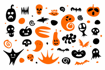 Happy Halloween set. Hand-drawn Orange ghost, pumpkin, skeleton, skulls, bat on white background. Cute scary horror characters banner for fall holidays, Day of the Dead. Vector cartoon illustration