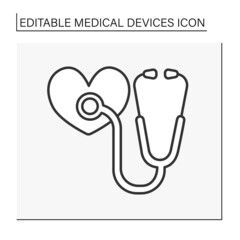 Stethoscope line icon. Medical instrument for listening to heart action or breathing. Two tubes connected to earpieces.Medical devices concept. Isolated vector illustration. Editable stroke